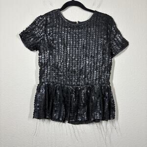 Isabel Lu Small Peplum Black Faux Leather Short Sleeve Blouse Career Classic